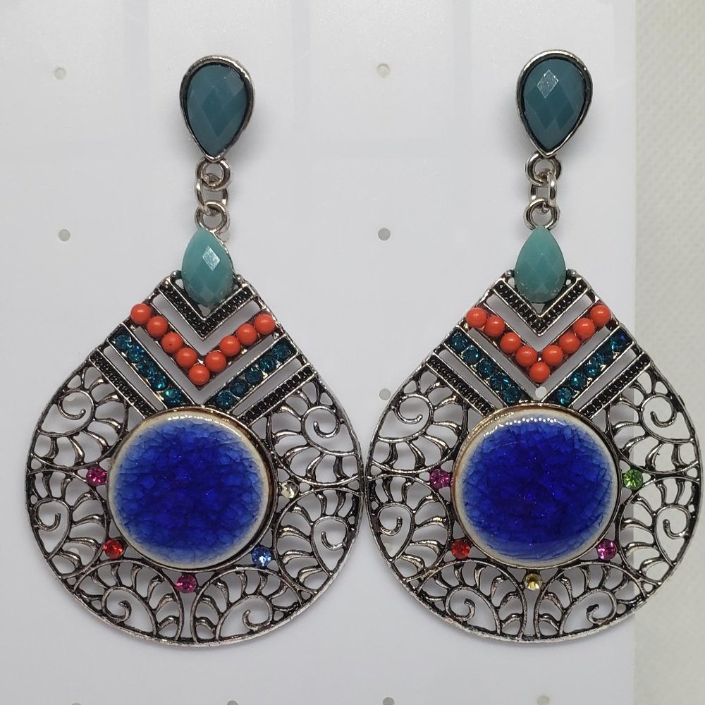 Blue and Orange Bead and Gem Metal Large Earring.